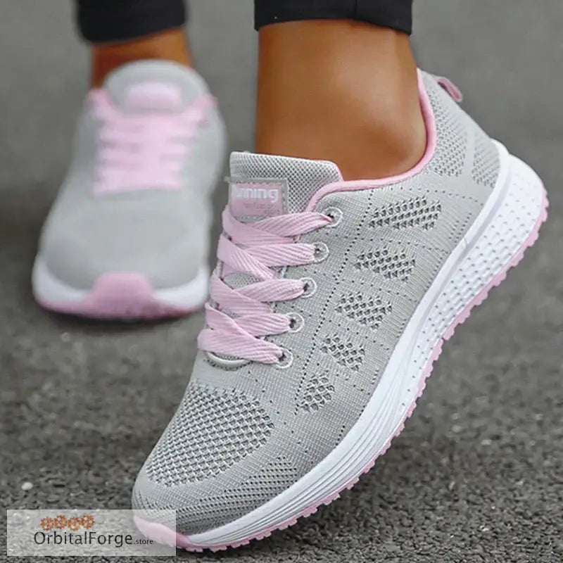 Women’s Lightweight Lace-Up Gray & Pink Flats - Breathable Mesh Walking Shoes Plus Size Round Toe Nurse Sneakers