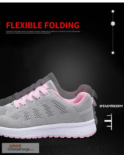 Women’s Lightweight Lace-Up Gray & Pink Flats - Breathable Mesh Walking Shoes Plus Size Round Toe Nurse Sneakers