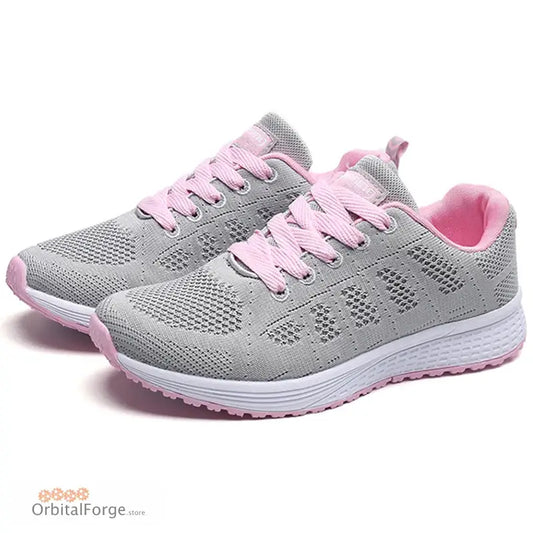 Women’s Lightweight Lace-Up Gray & Pink Flats - Breathable Mesh Walking Shoes Plus Size Round Toe Nurse Sneakers