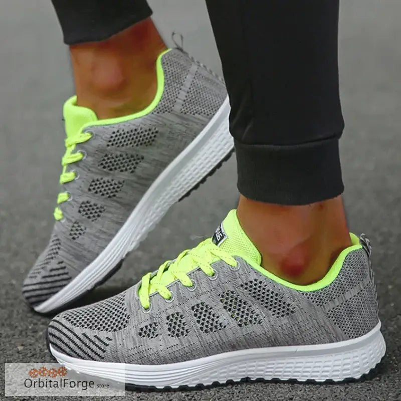 Women’s Lightweight Lace-Up Green & Gray Flats - Breathable Mesh Walking Shoes Plus Size Round Toe Nurse Sneakers