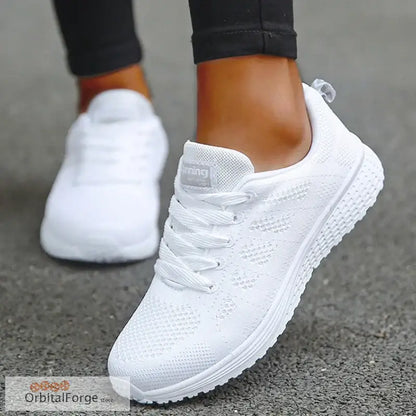 Women’s Lightweight Lace-Up White Flats - Breathable Mesh Walking Shoes Plus Size Round Toe Nurse Sneakers for Casual