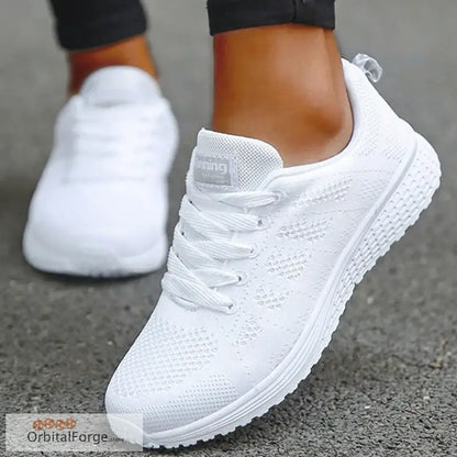 Women’s Lightweight Lace-Up White Flats - Breathable Mesh Walking Shoes Plus Size Round Toe Nurse Sneakers for Casual