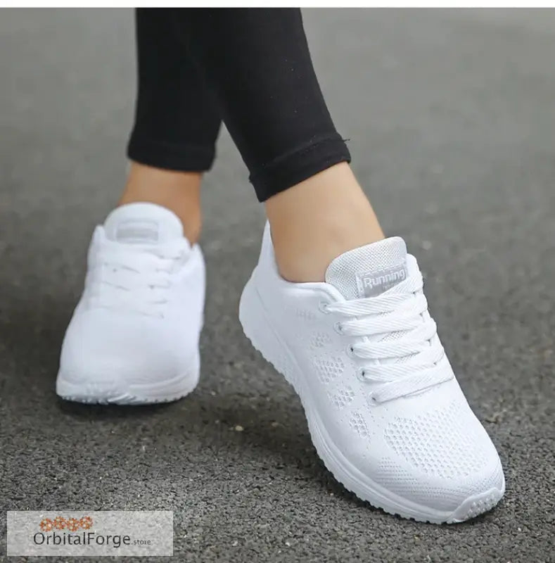 Women’s Lightweight Lace-Up White Flats - Breathable Mesh Walking Shoes Plus Size Round Toe Nurse Sneakers for Casual