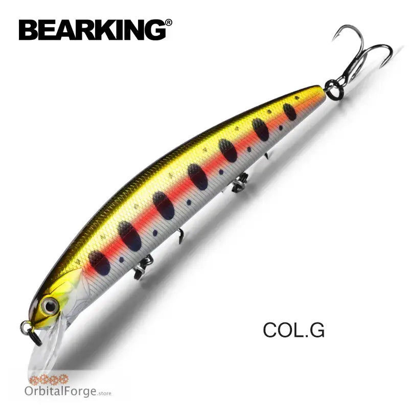 Yellow and silver fishing lure with laser-printed fish skin and red spots